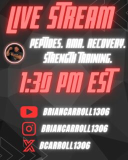 Going LIVE TODAY @1:30 PM EST! 
Join me here, YouTube, or X today as I discuss peptides, dru-gs, recovery, and strength training. 
AMA, come with your questions! 
https://youtube.com/live/CENvuPcTumo?feature=share
#live #livestream #peptides #recovery #strengthtraining