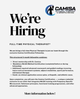 Camisa Physical Therapy & Sports Rehab is hiring! 
Here’s how to apply:
Submit your CV and a cover letter to info@camisapt.com describing why you want to become Camisa Certified and how you see yourself growing with our clinic!